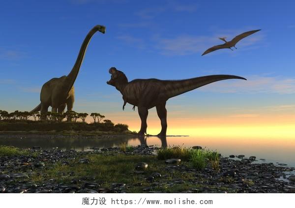 巨型恐龙的七彩天空背景